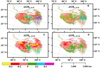 Influences of human activity and climate change on growing-season soil moisture in the Qinghai–Tibet grasslands from 2000 to 2020